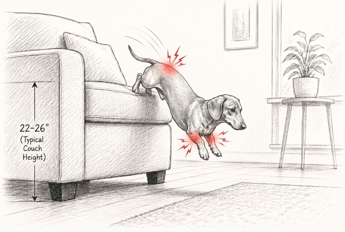 Dachshund jumping off a couch