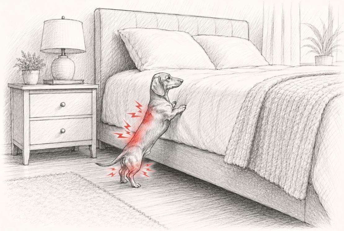 Dachshund jumping off a bed