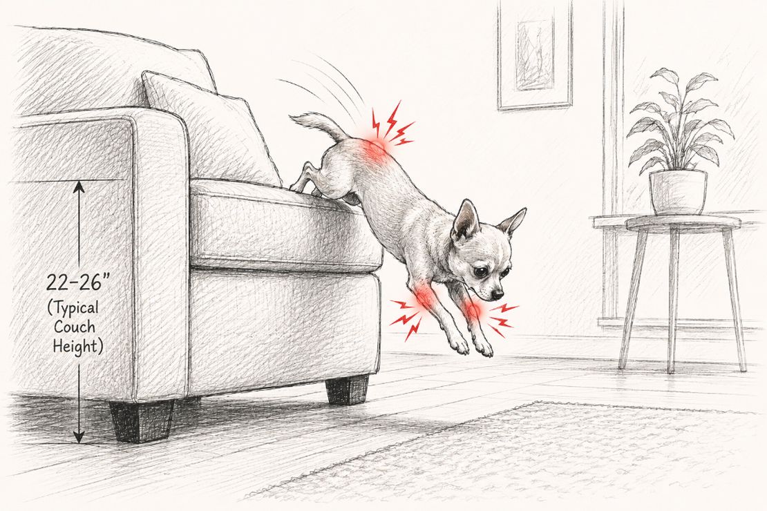 Dog landing after jumping from a couch
